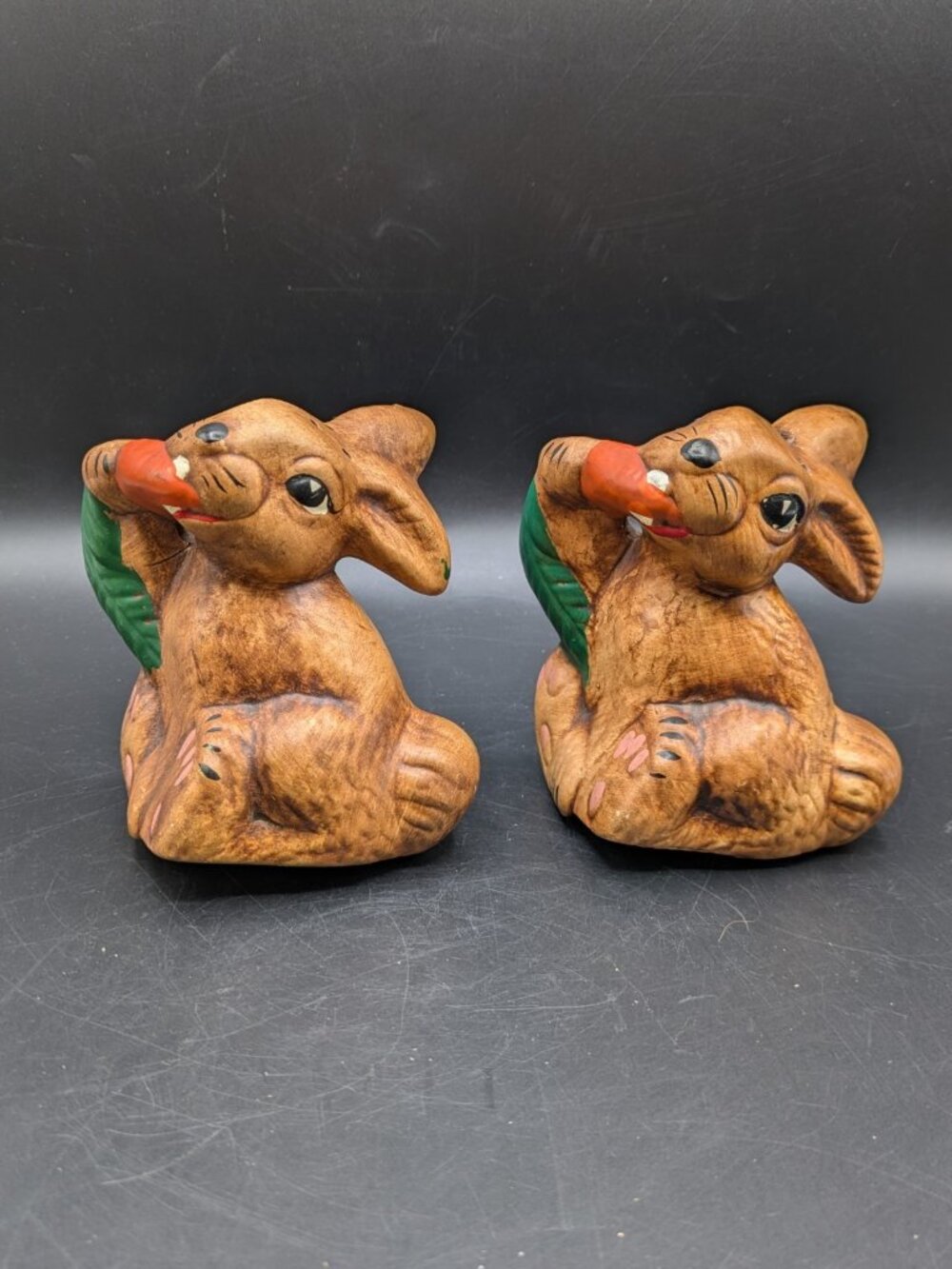 Studio Ceramic Large Salt and Pepper Shakers Bunny Eating Carrot Hand Painted 4"